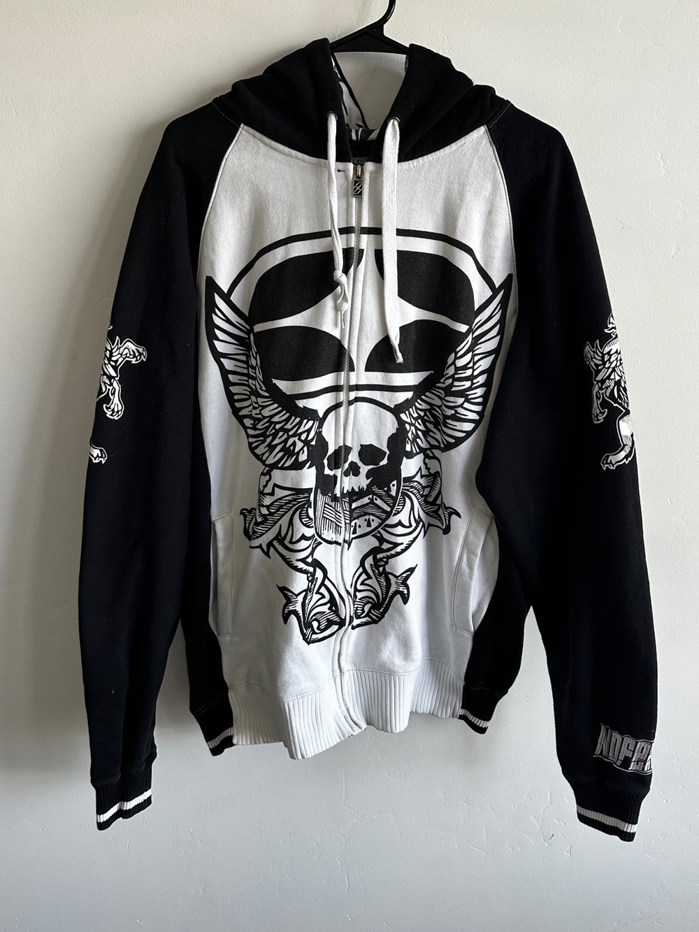 No Fear Y2K Full Zip Hoodie Black White Skull Wings Graphic Grunge Size Large